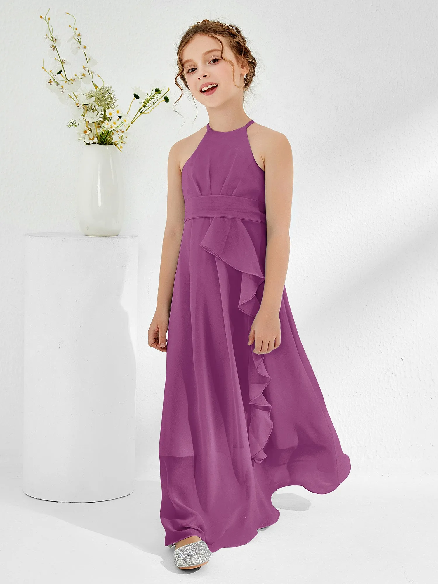 Halter Neckline Junior Bridesmaid Dresses with Sash Orchid