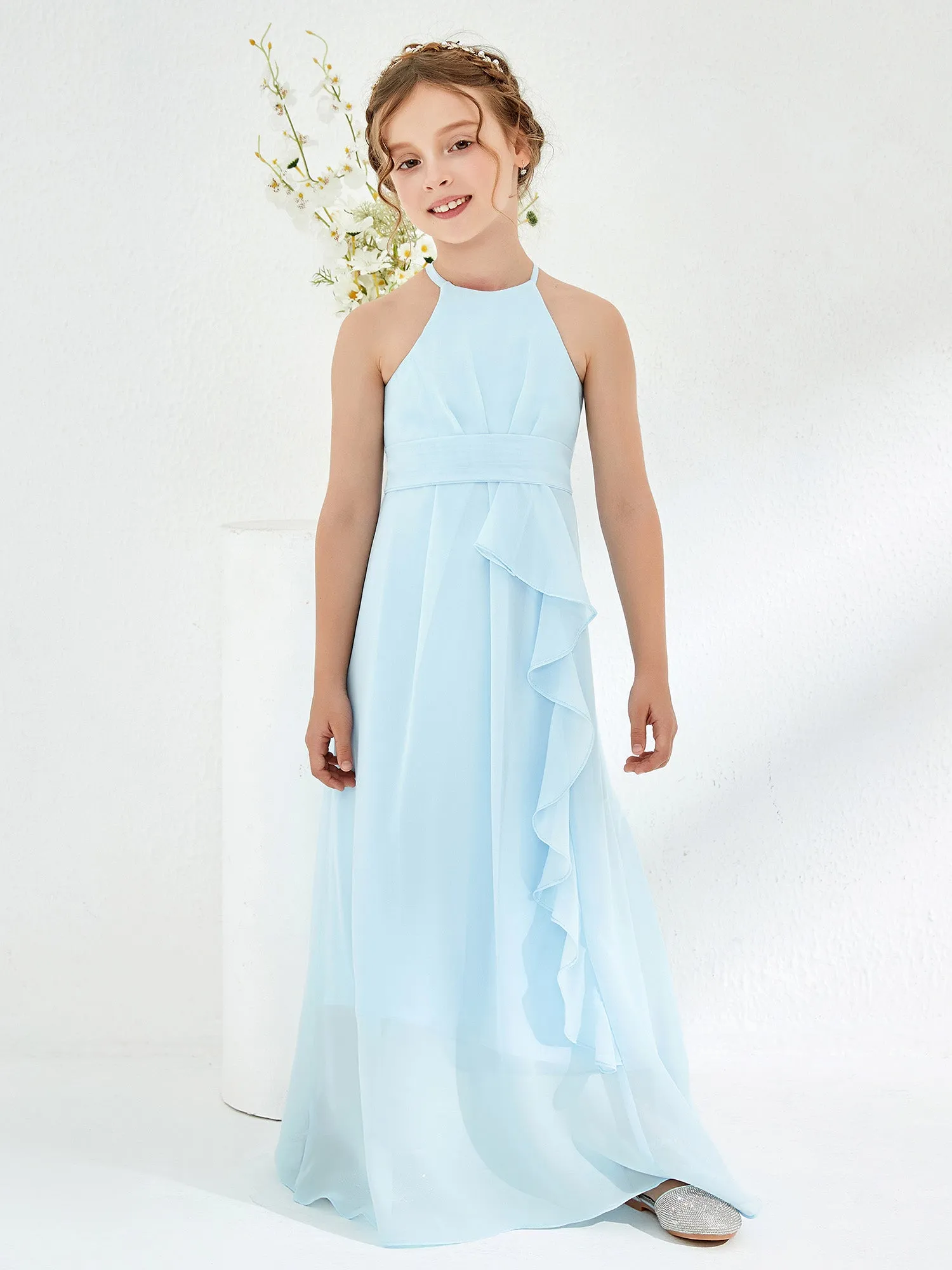 Halter Neckline Junior Bridesmaid Dresses with Sash Sky Blue