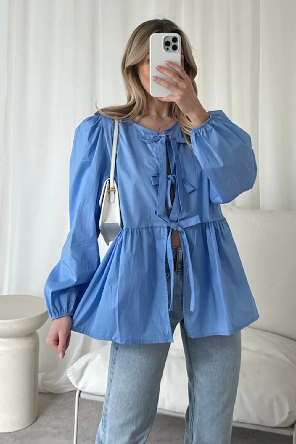 Hazel blue tie front blouse