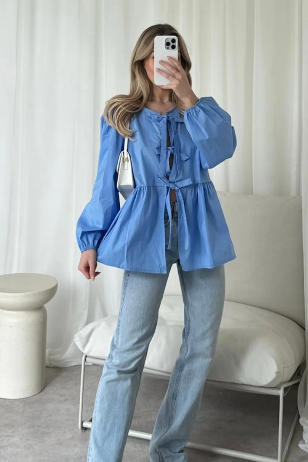 Hazel blue tie front blouse