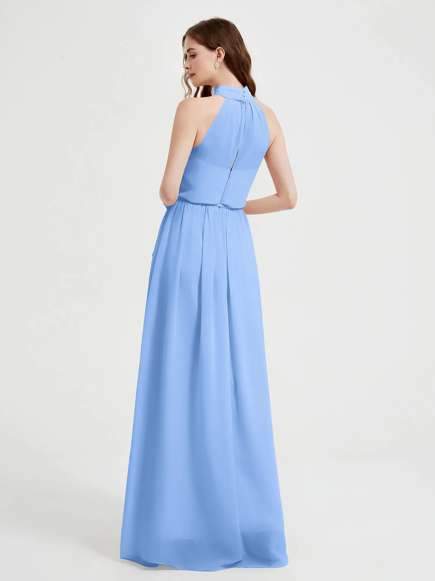 High Neck Chiffon Dresses with Slit and Sash Bow-Blue Plus Size