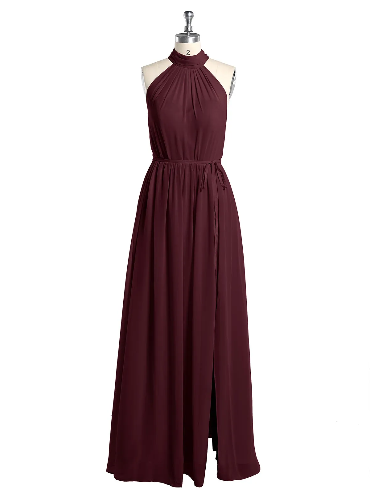 High Neck Chiffon Dresses with Slit and Sash Bow-Cabernet Plus Size