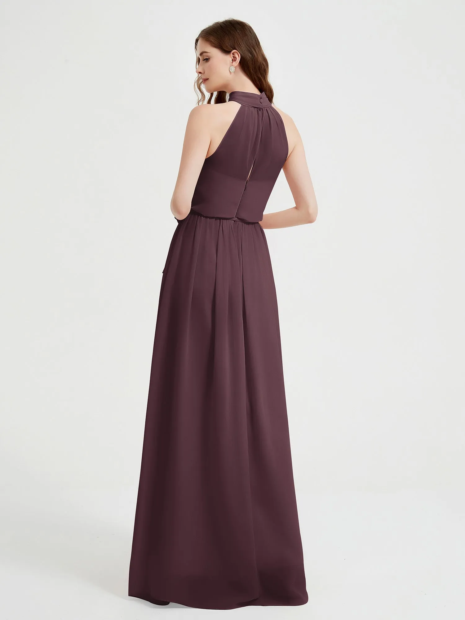 High Neck Chiffon Dresses with Slit and Sash Bow-Cabernet Plus Size