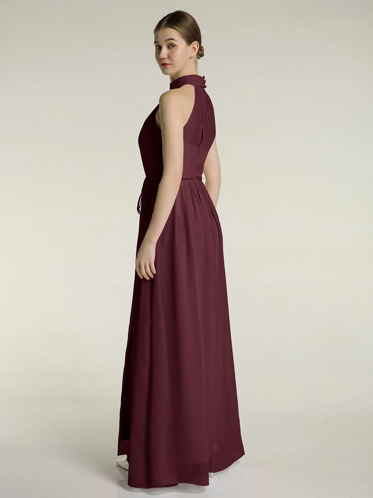 High Neck Chiffon Dresses with Slit and Sash Bow-Cabernet Plus Size