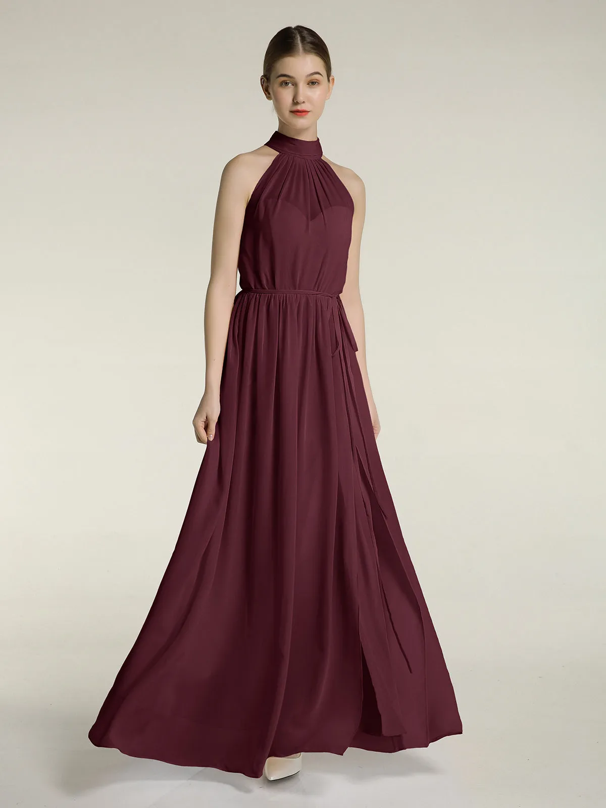 High Neck Chiffon Dresses with Slit and Sash Bow-Cabernet Plus Size