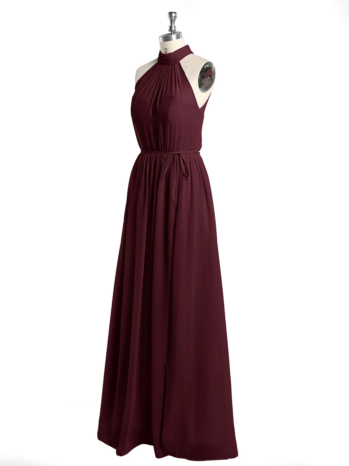 High Neck Chiffon Dresses with Slit and Sash Bow-Cabernet Plus Size