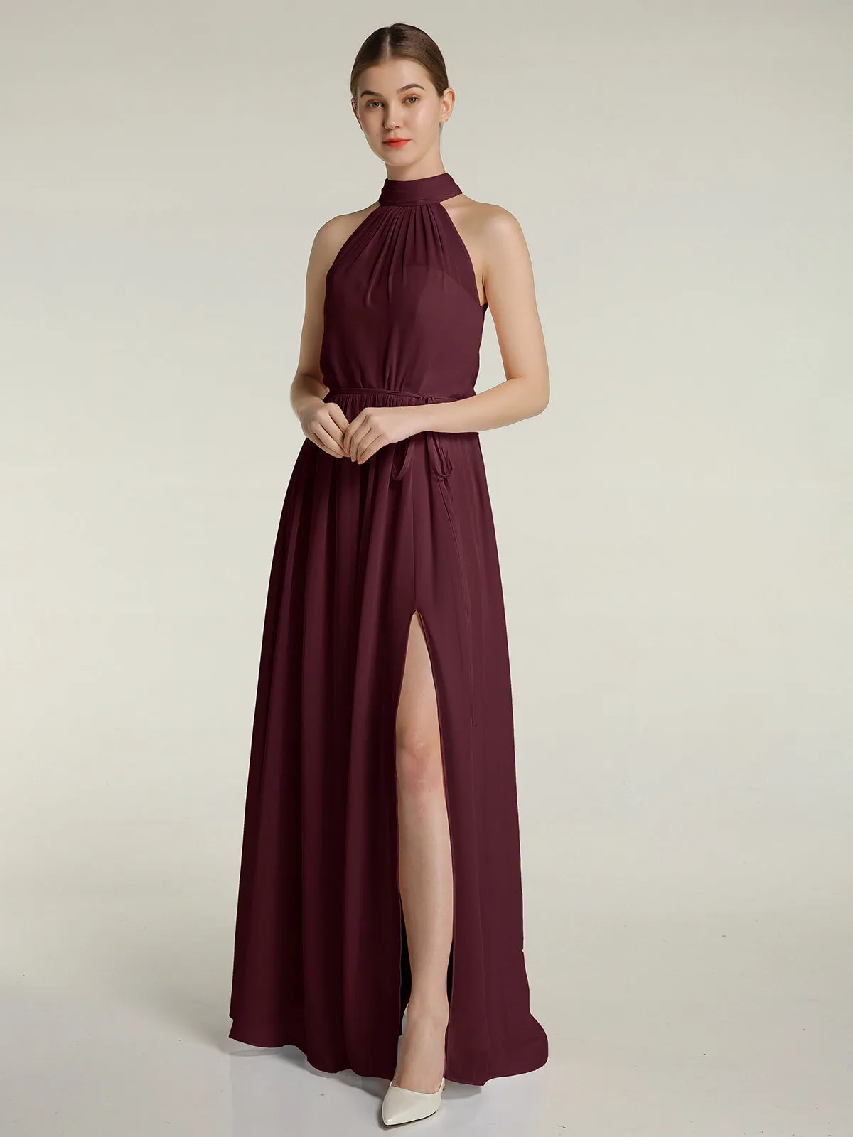 High Neck Chiffon Dresses with Slit and Sash Bow-Cabernet Plus Size