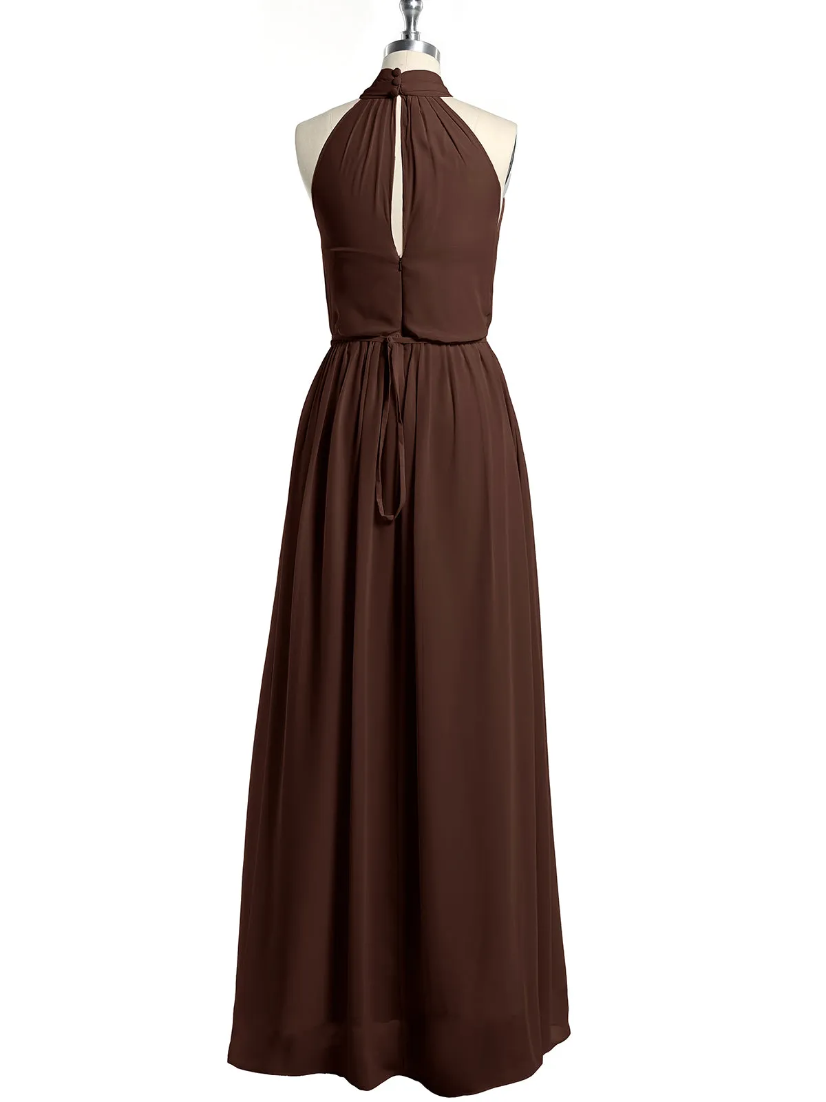 High Neck Chiffon Dresses with Slit and Sash Bow-Chocolate