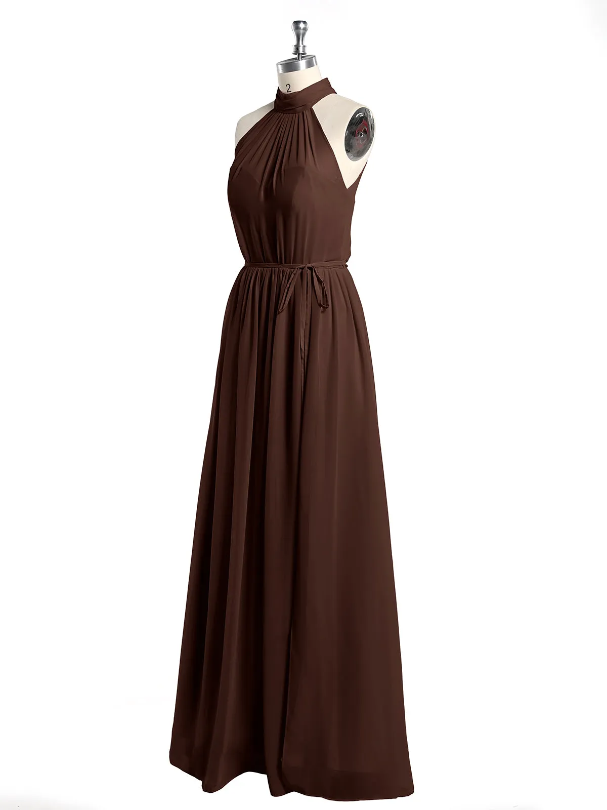 High Neck Chiffon Dresses with Slit and Sash Bow-Chocolate