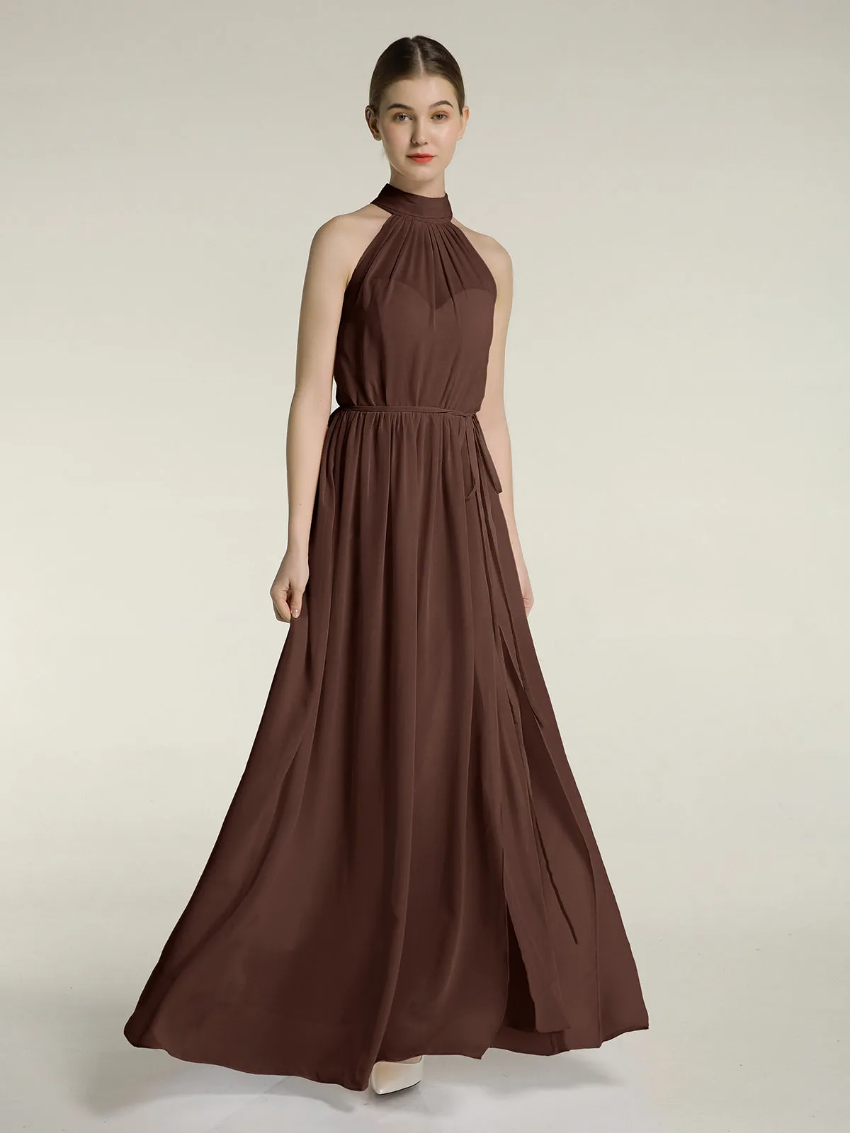 High Neck Chiffon Dresses with Slit and Sash Bow-Chocolate