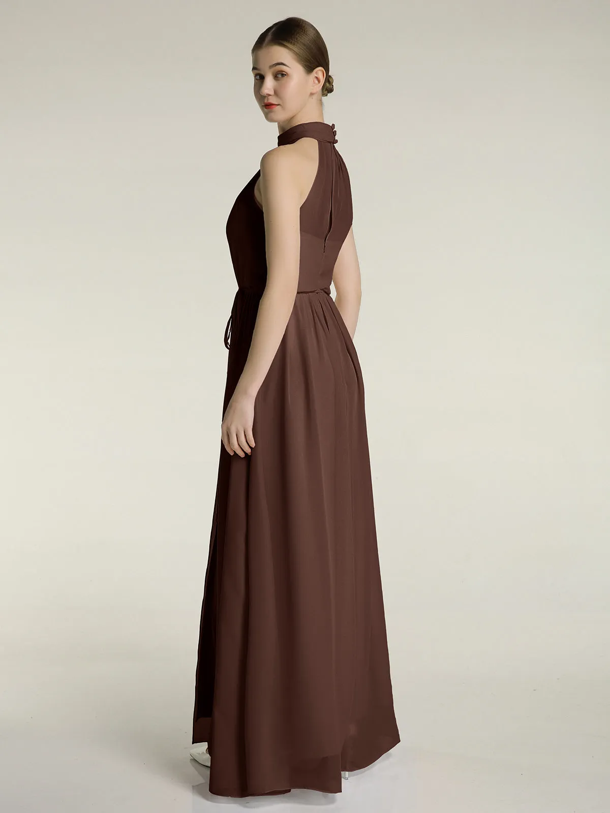 High Neck Chiffon Dresses with Slit and Sash Bow-Chocolate
