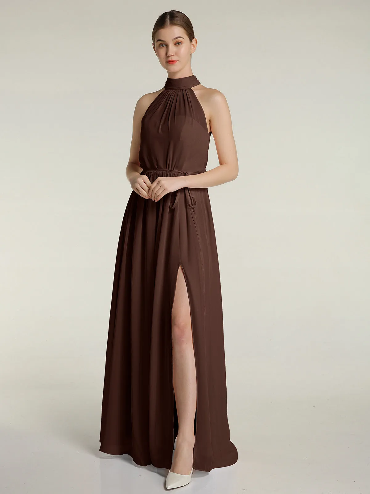 High Neck Chiffon Dresses with Slit and Sash Bow-Chocolate