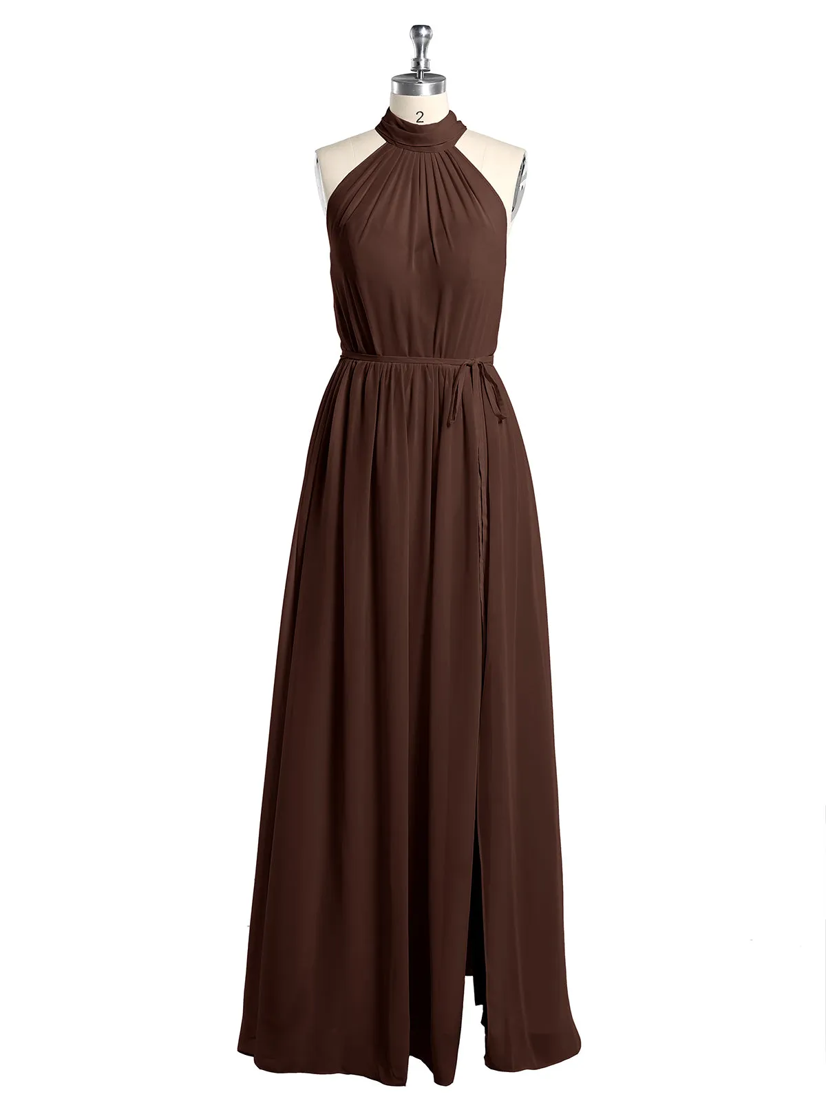 High Neck Chiffon Dresses with Slit and Sash Bow-Chocolate
