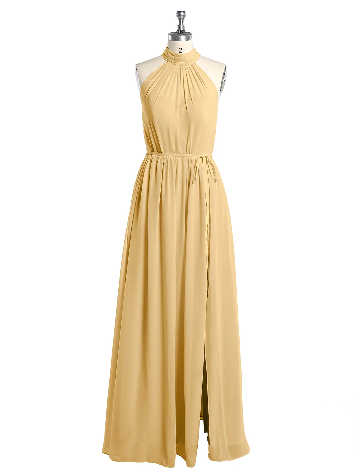 High Neck Chiffon Dresses with Slit and Sash Bow-Gold