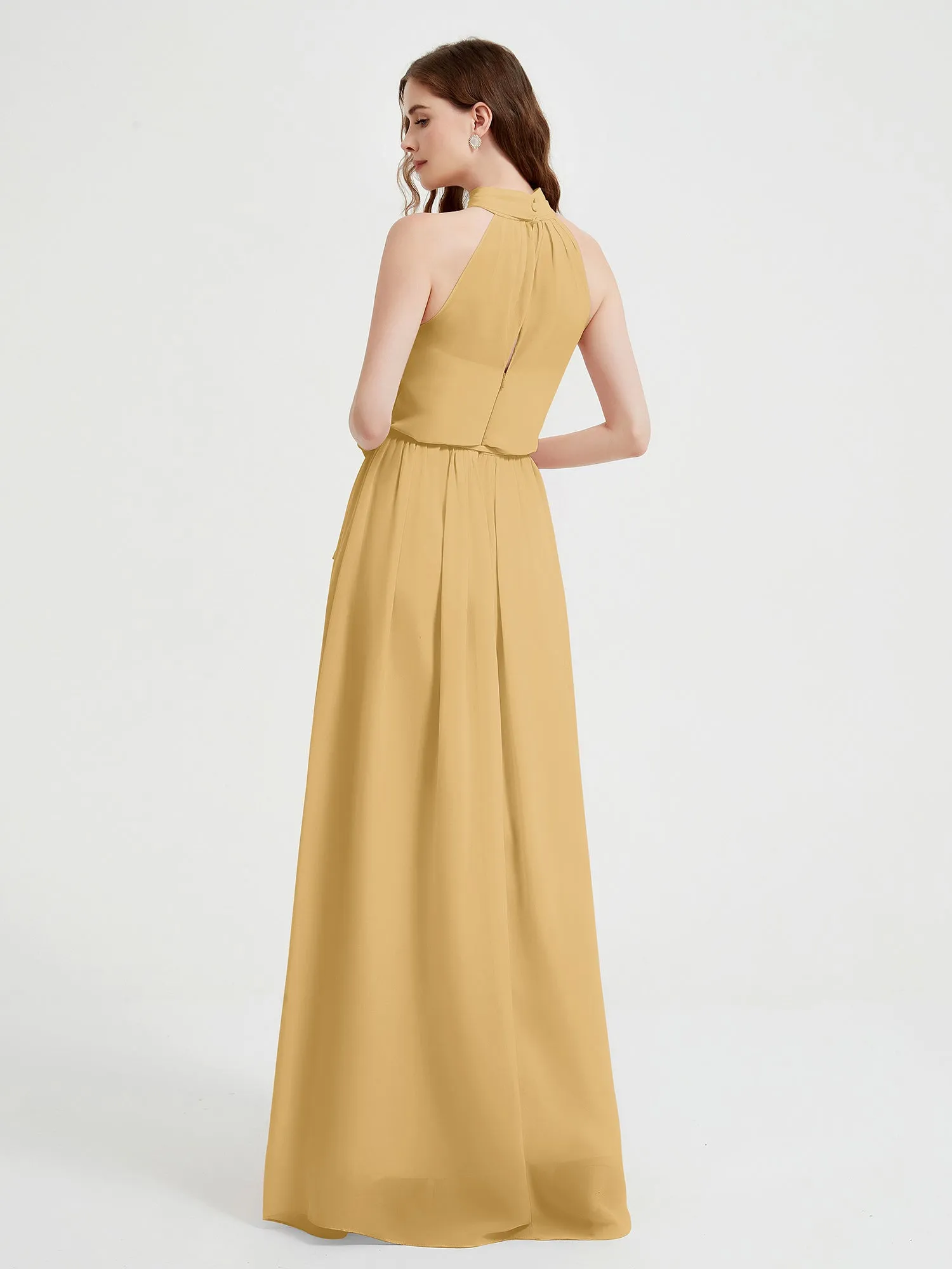 High Neck Chiffon Dresses with Slit and Sash Bow-Gold