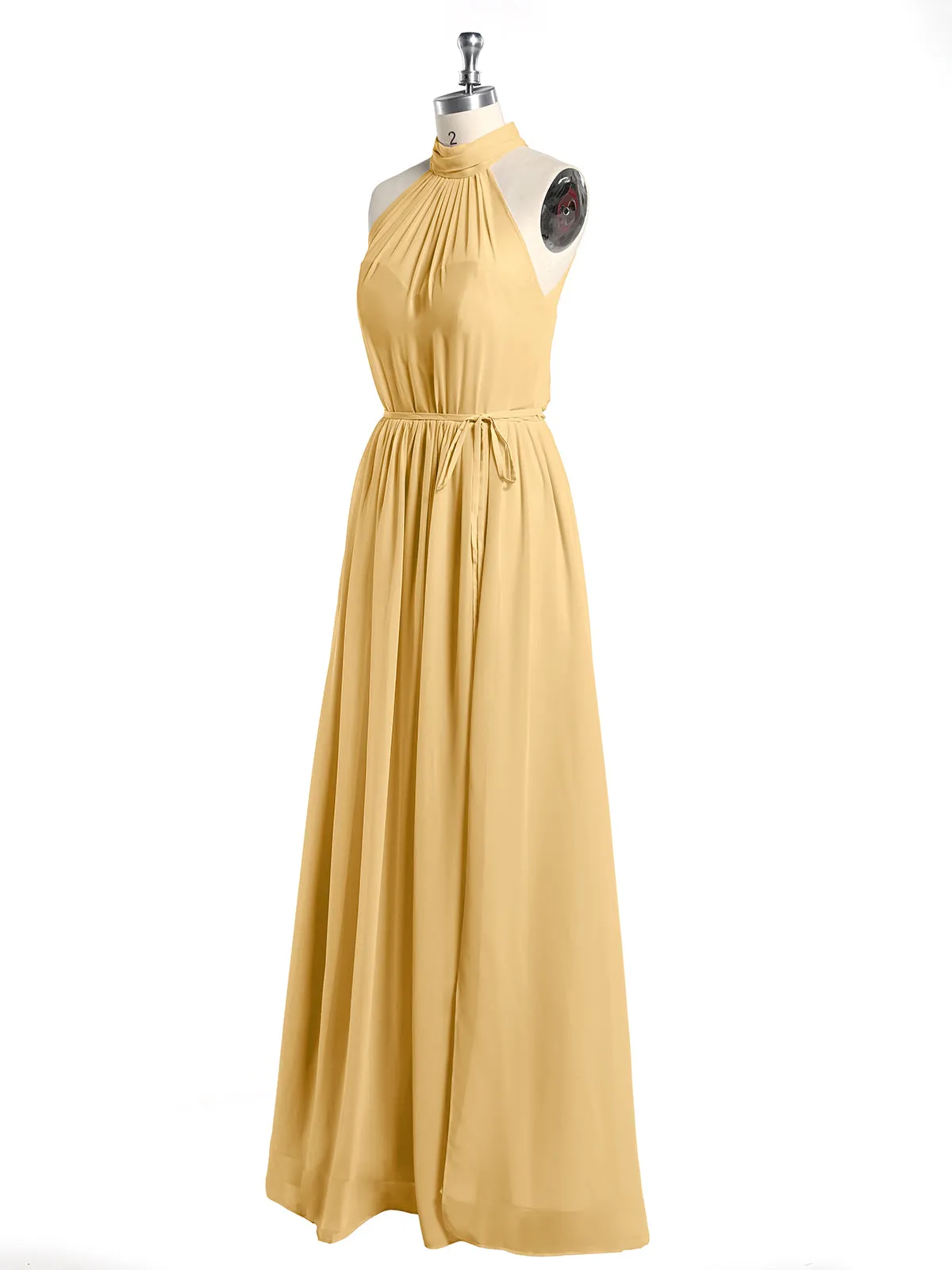High Neck Chiffon Dresses with Slit and Sash Bow-Gold