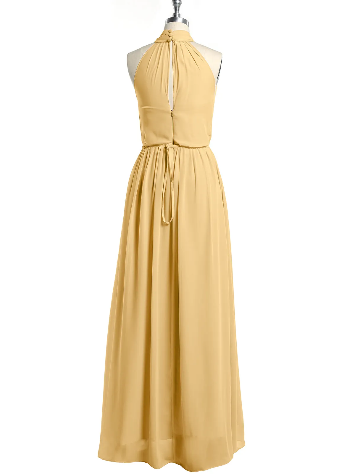 High Neck Chiffon Dresses with Slit and Sash Bow-Gold