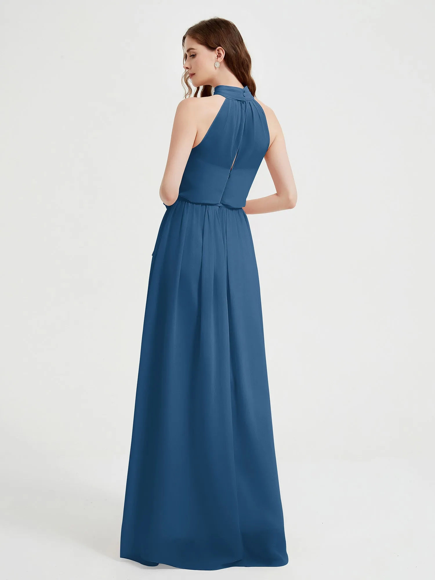 High Neck Chiffon Dresses with Slit and Sash Bow-Ink Blue Plus Size