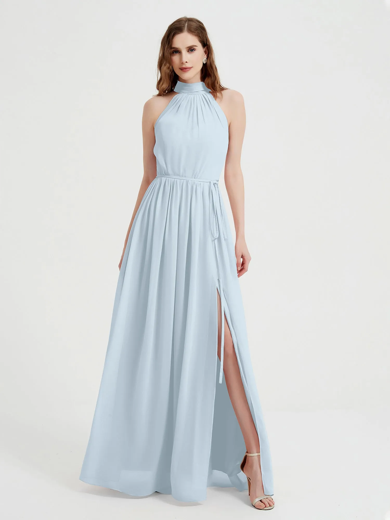 High Neck Chiffon Dresses with Slit and Sash Bow-Mist