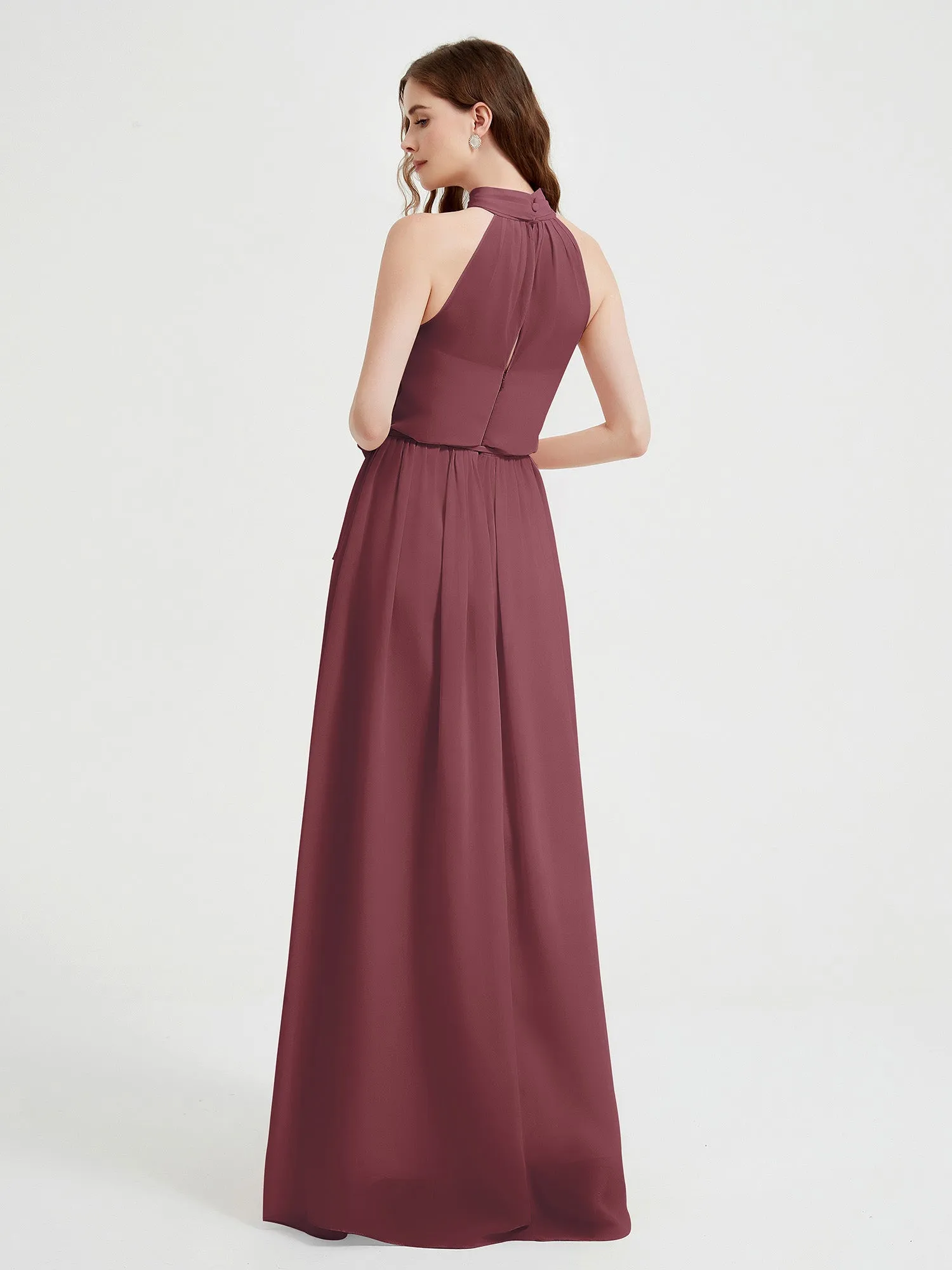 High Neck Chiffon Dresses with Slit and Sash Bow-Mulberry