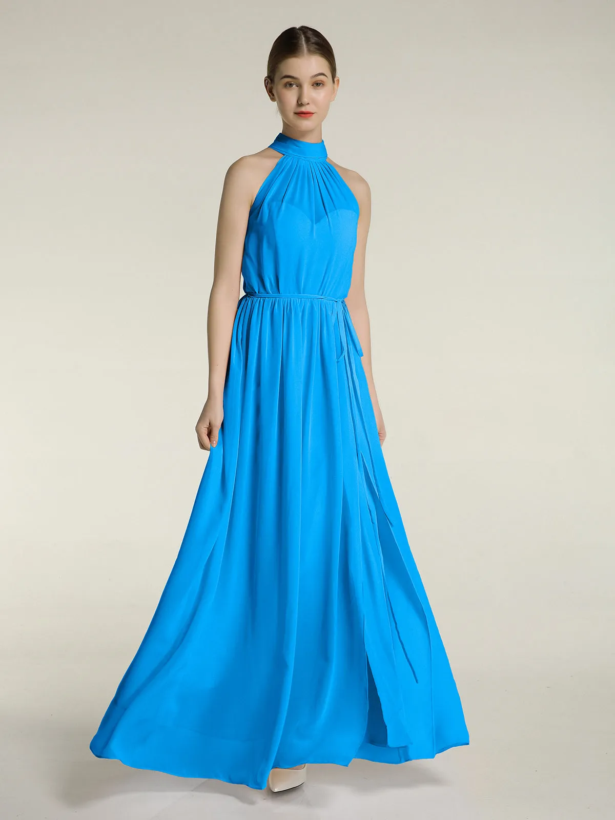 High Neck Chiffon Dresses with Slit and Sash Bow-Ocean Blue