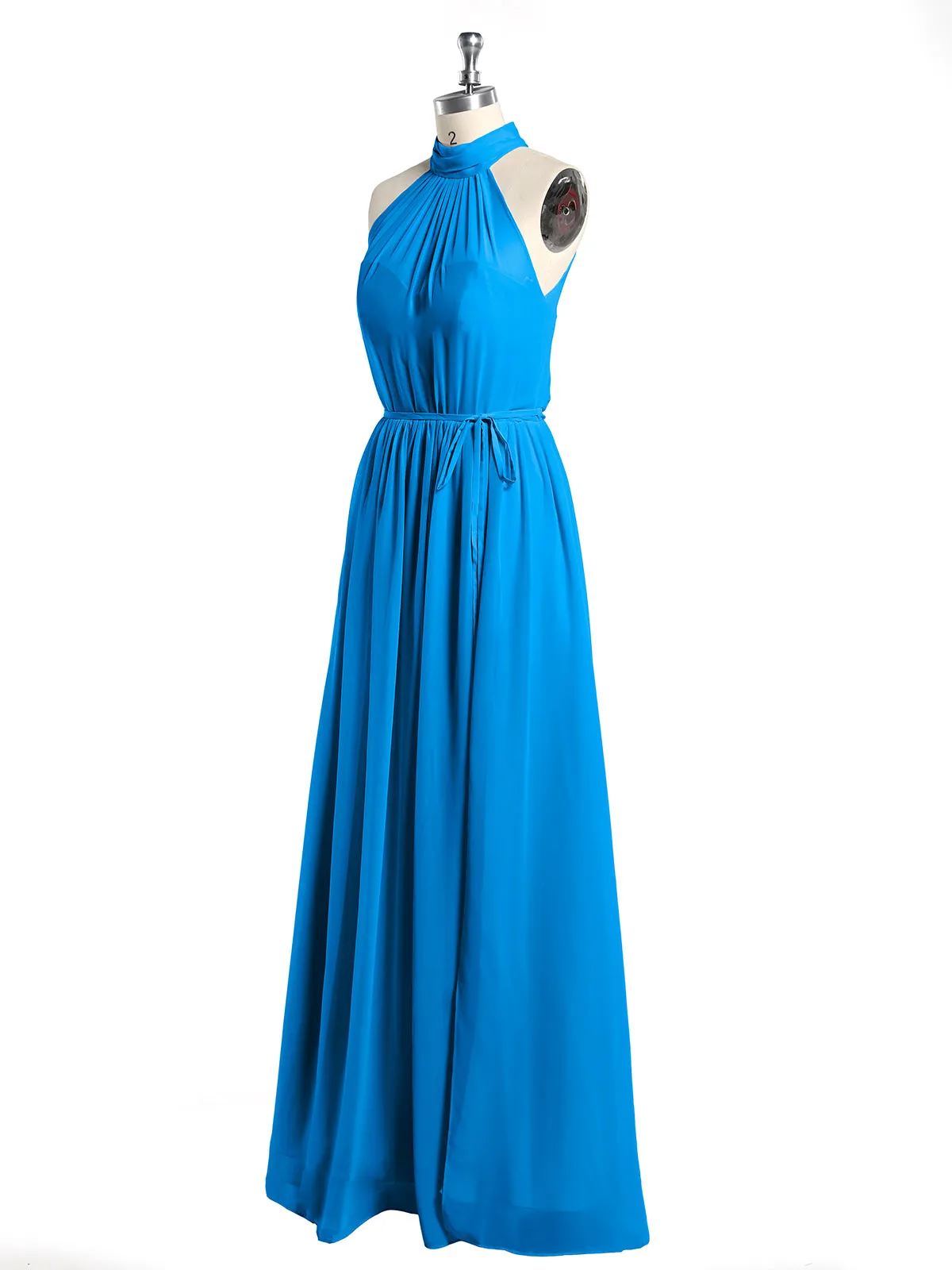 High Neck Chiffon Dresses with Slit and Sash Bow-Ocean Blue