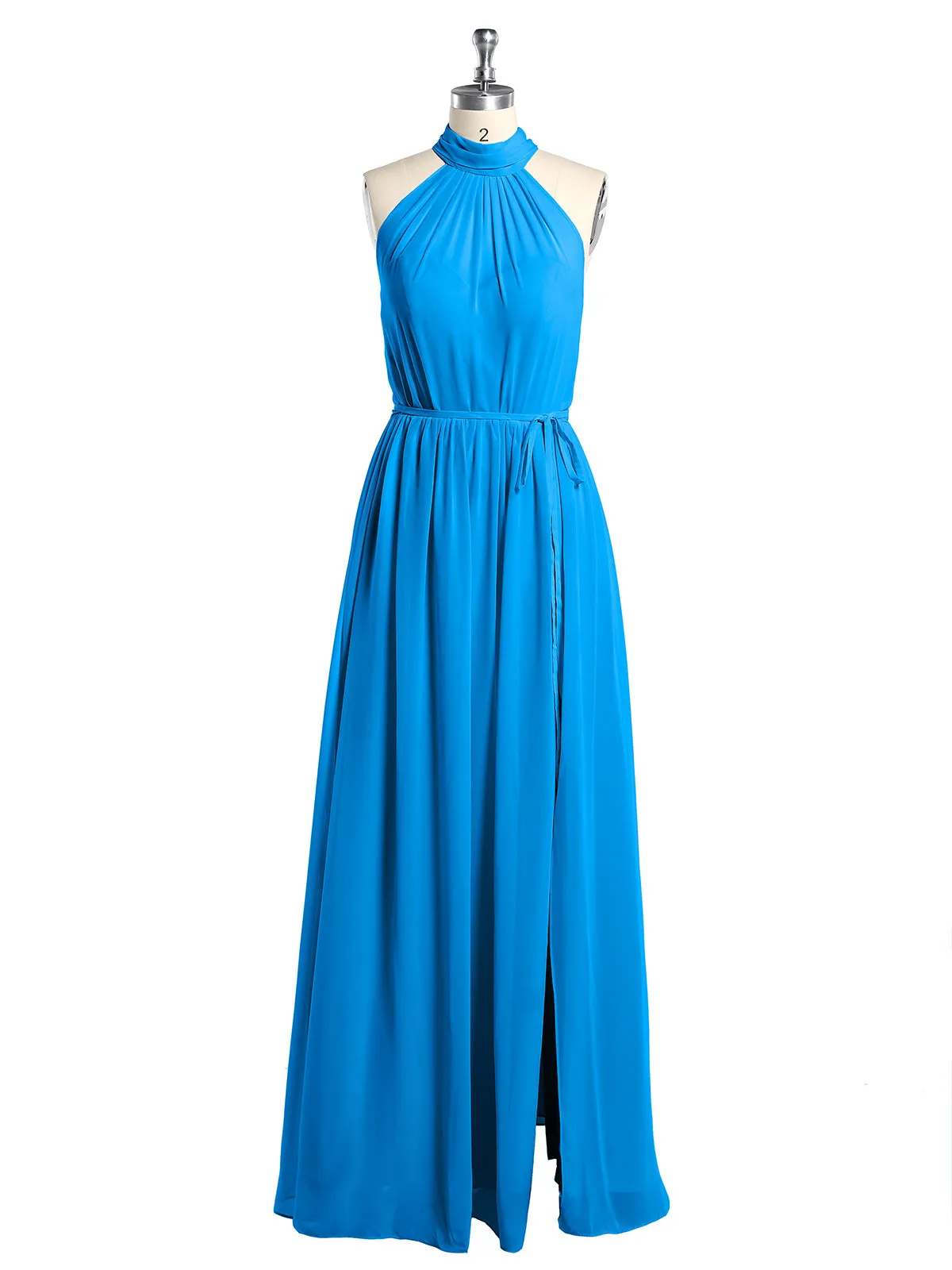 High Neck Chiffon Dresses with Slit and Sash Bow-Ocean Blue