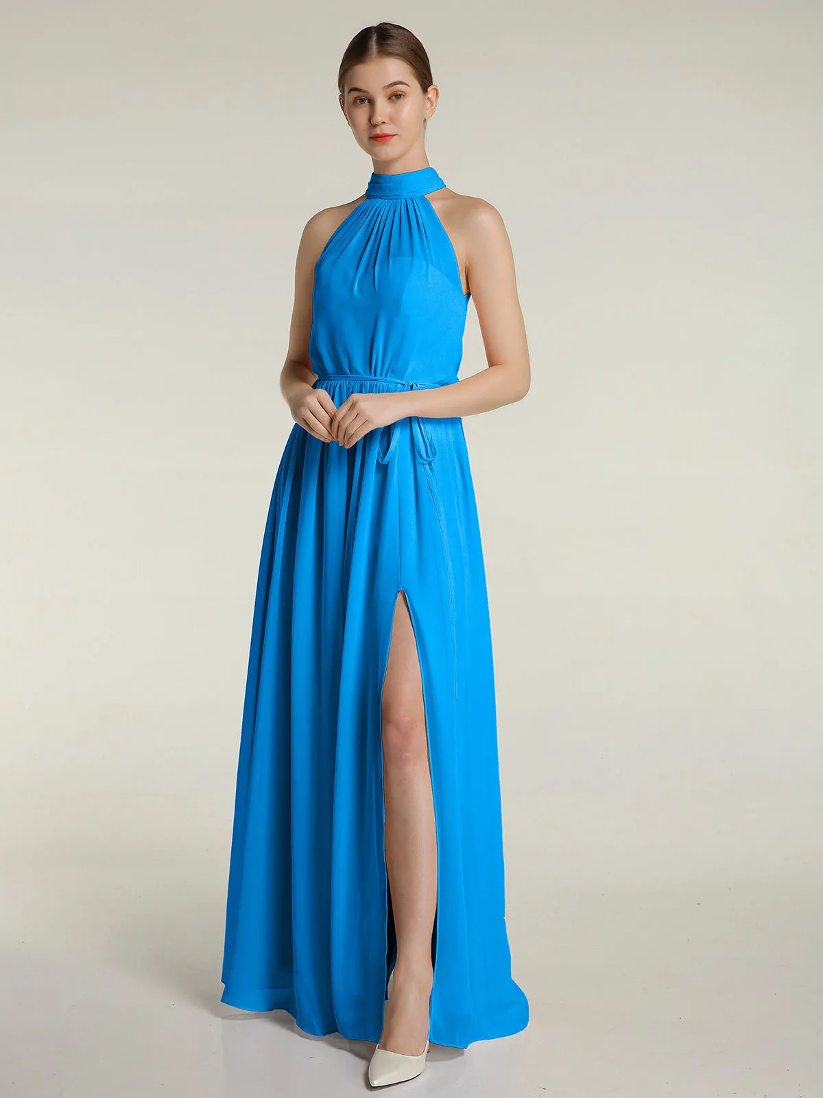 High Neck Chiffon Dresses with Slit and Sash Bow-Ocean Blue
