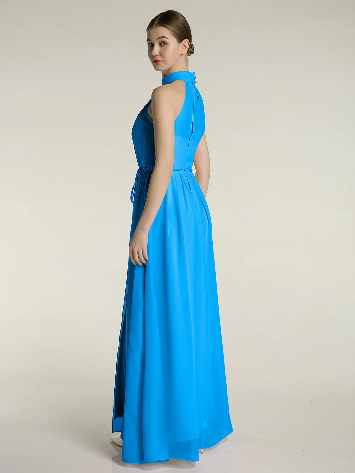 High Neck Chiffon Dresses with Slit and Sash Bow-Ocean Blue