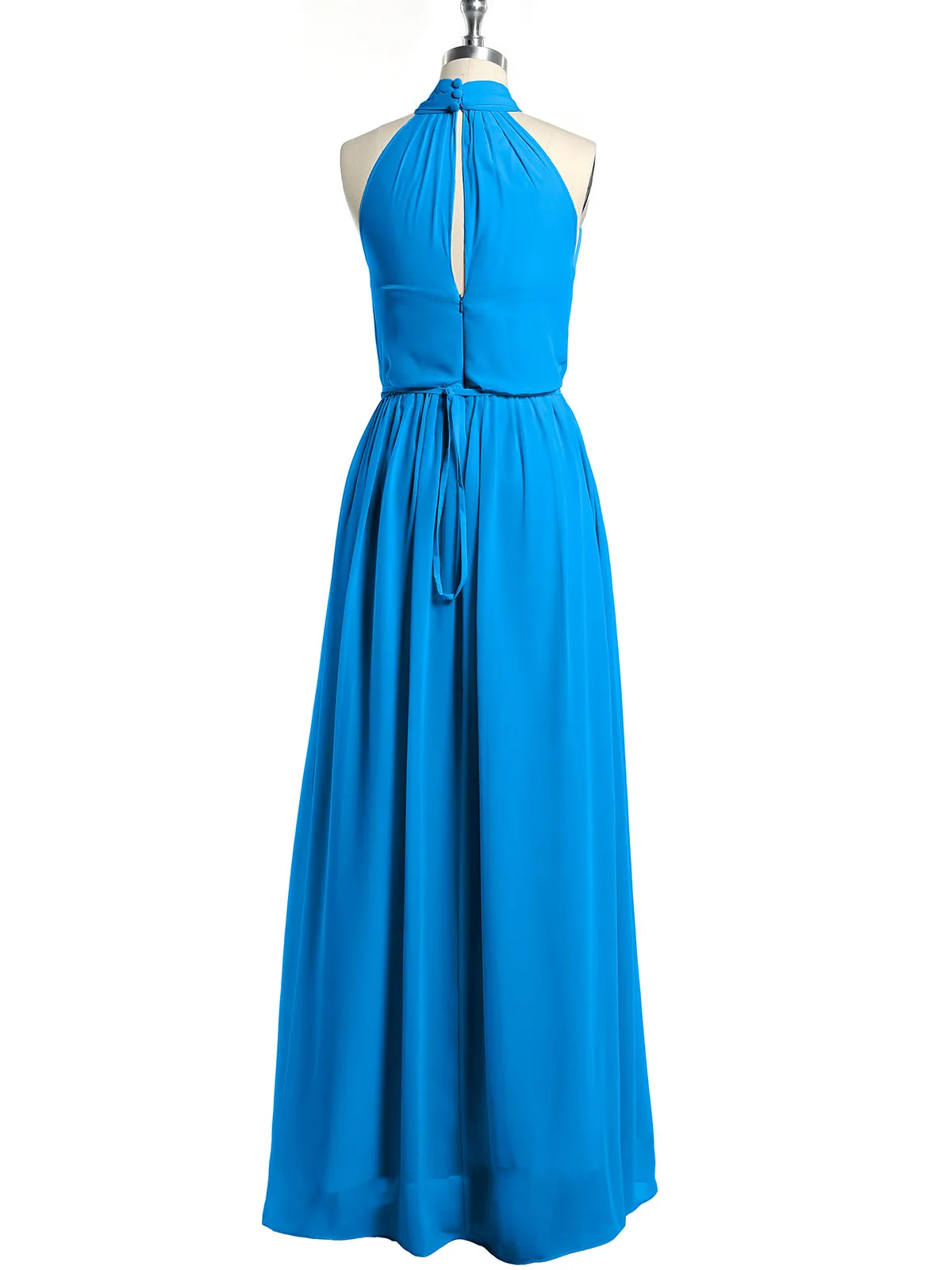 High Neck Chiffon Dresses with Slit and Sash Bow-Ocean Blue