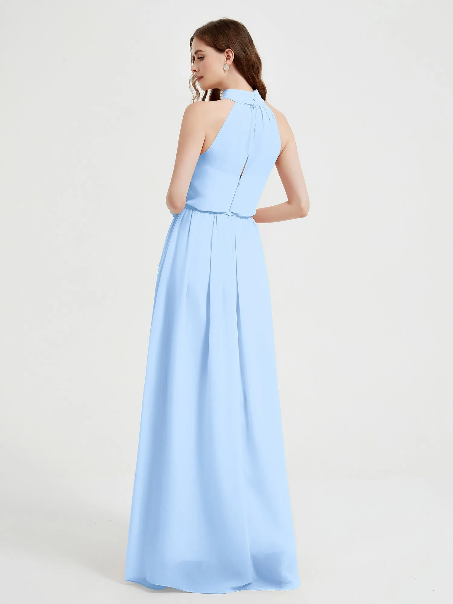 High Neck Chiffon Dresses with Slit and Sash Bow-Sky Blue