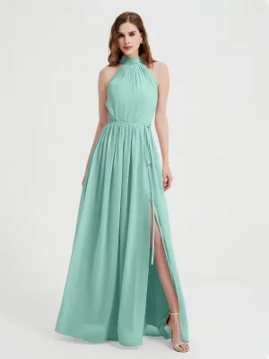 High Neck Chiffon Dresses with Slit and Sash Bow-Turquoise