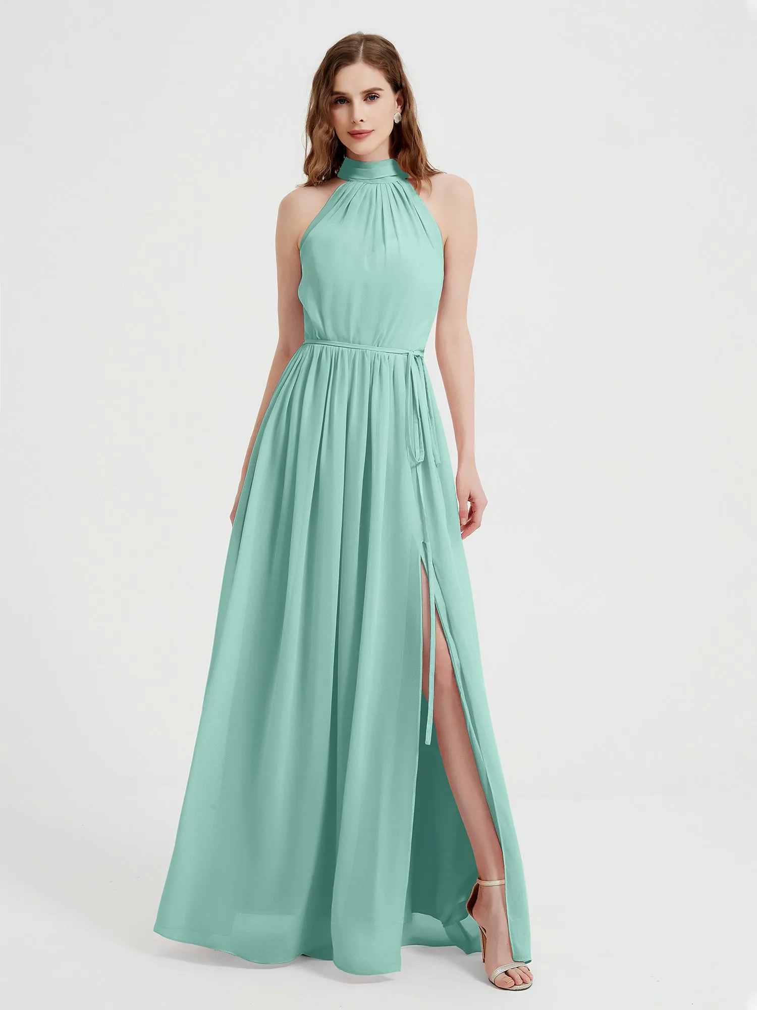 High Neck Chiffon Dresses with Slit and Sash Bow-Turquoise