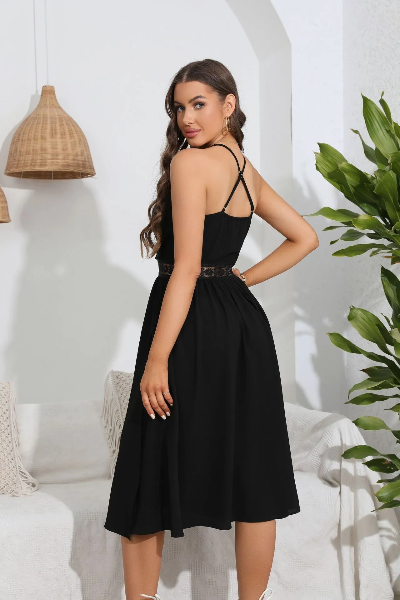 Hollow V-neck Straps Split Dress