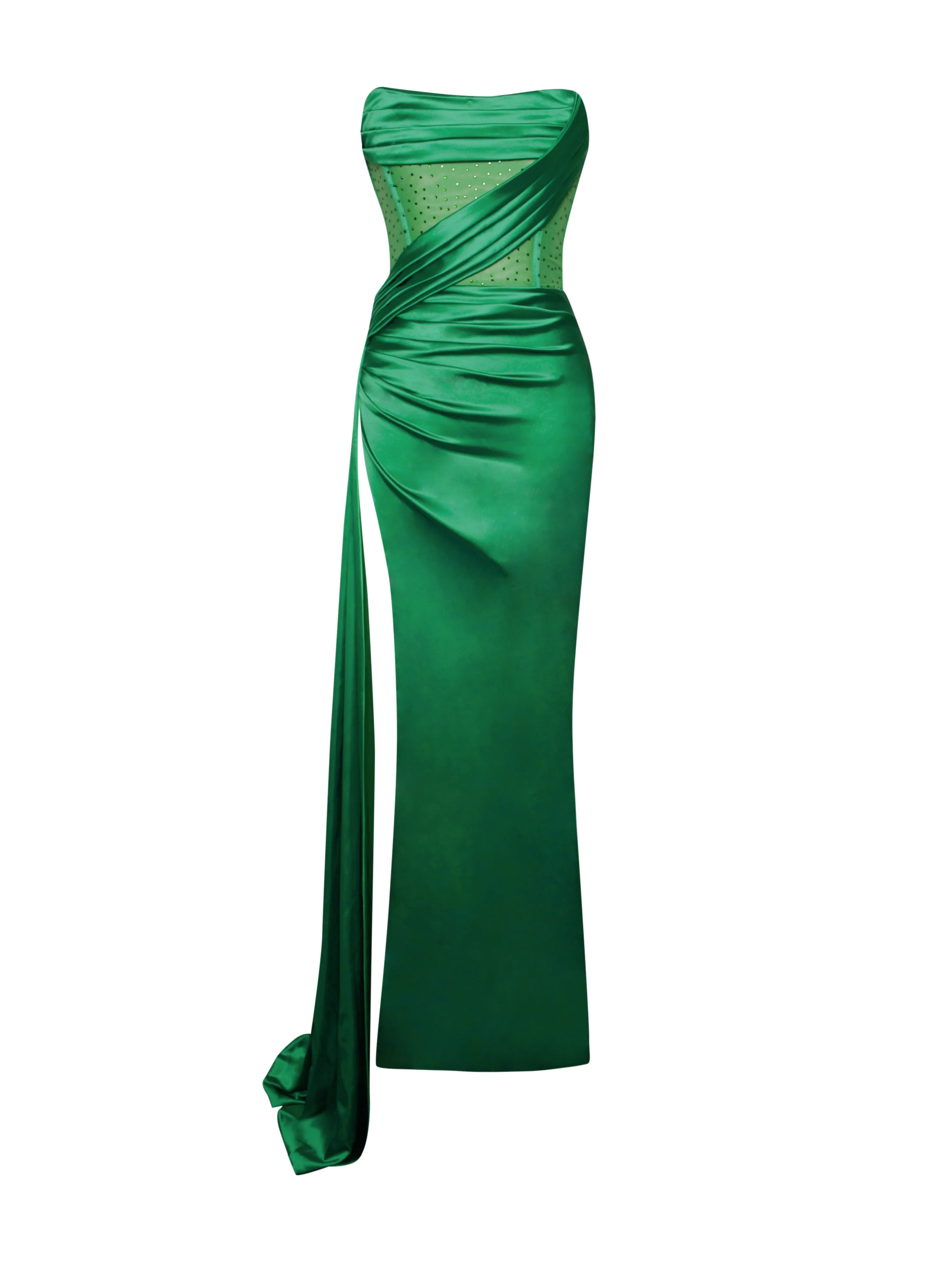 Holly Green Crystallized Corset Graceful High Slit Satin Gown