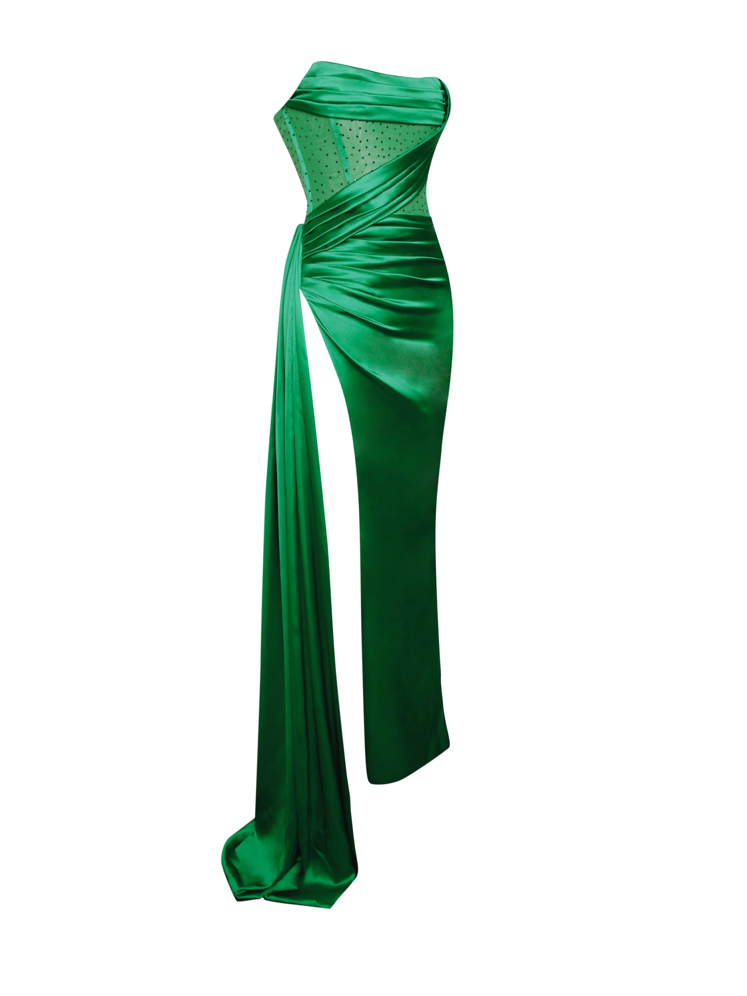 Holly Green Crystallized Corset Graceful High Slit Satin Gown