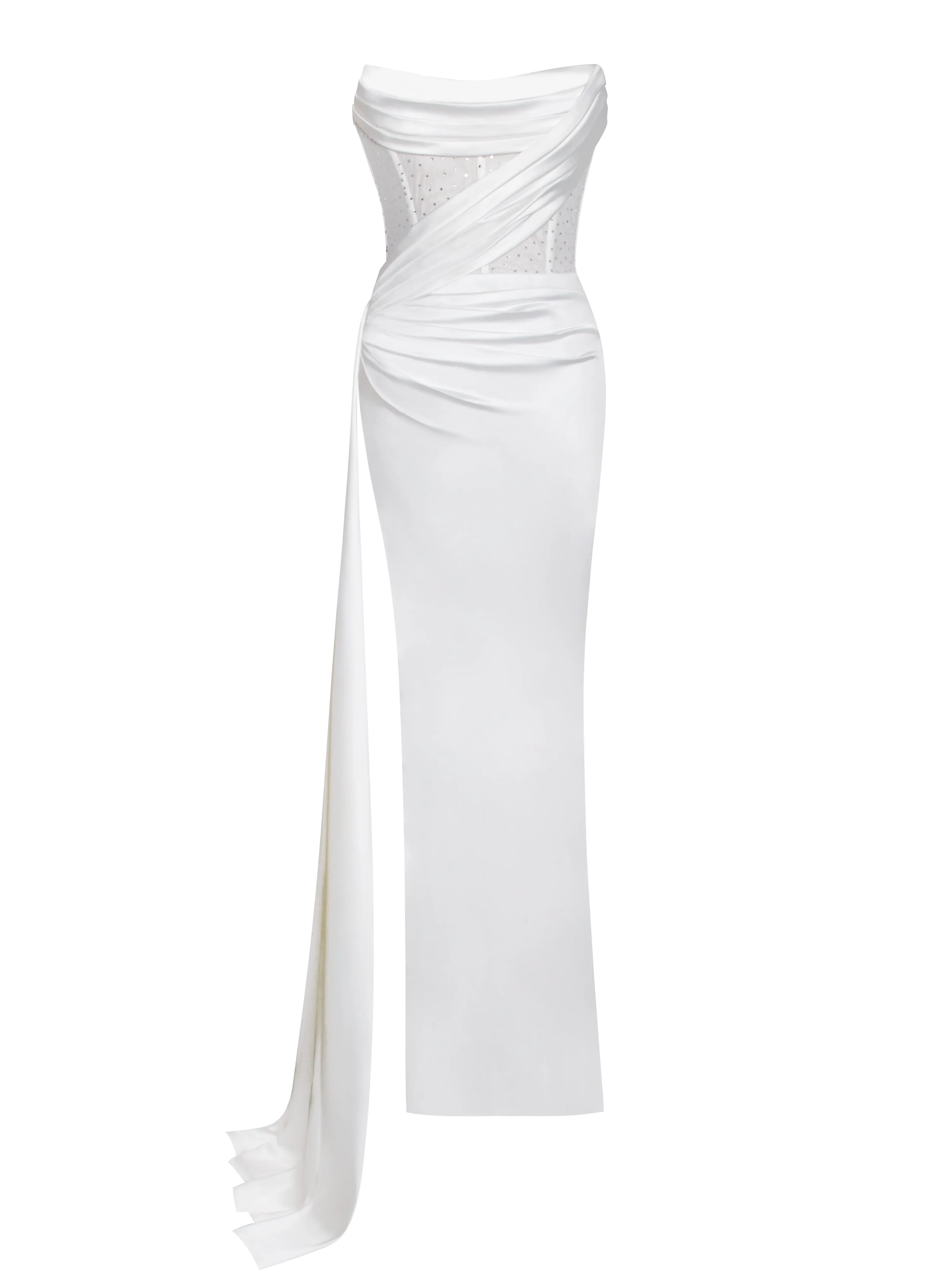 Holly White Crystallized Corset Graceful High Slit Satin Gown