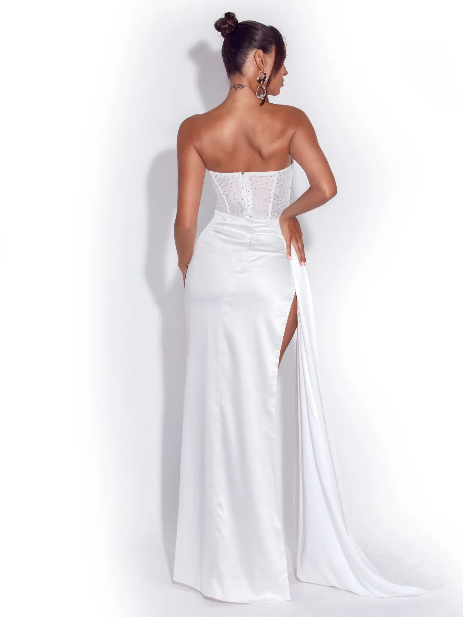 Holly White Crystallized Corset Graceful High Slit Satin Gown