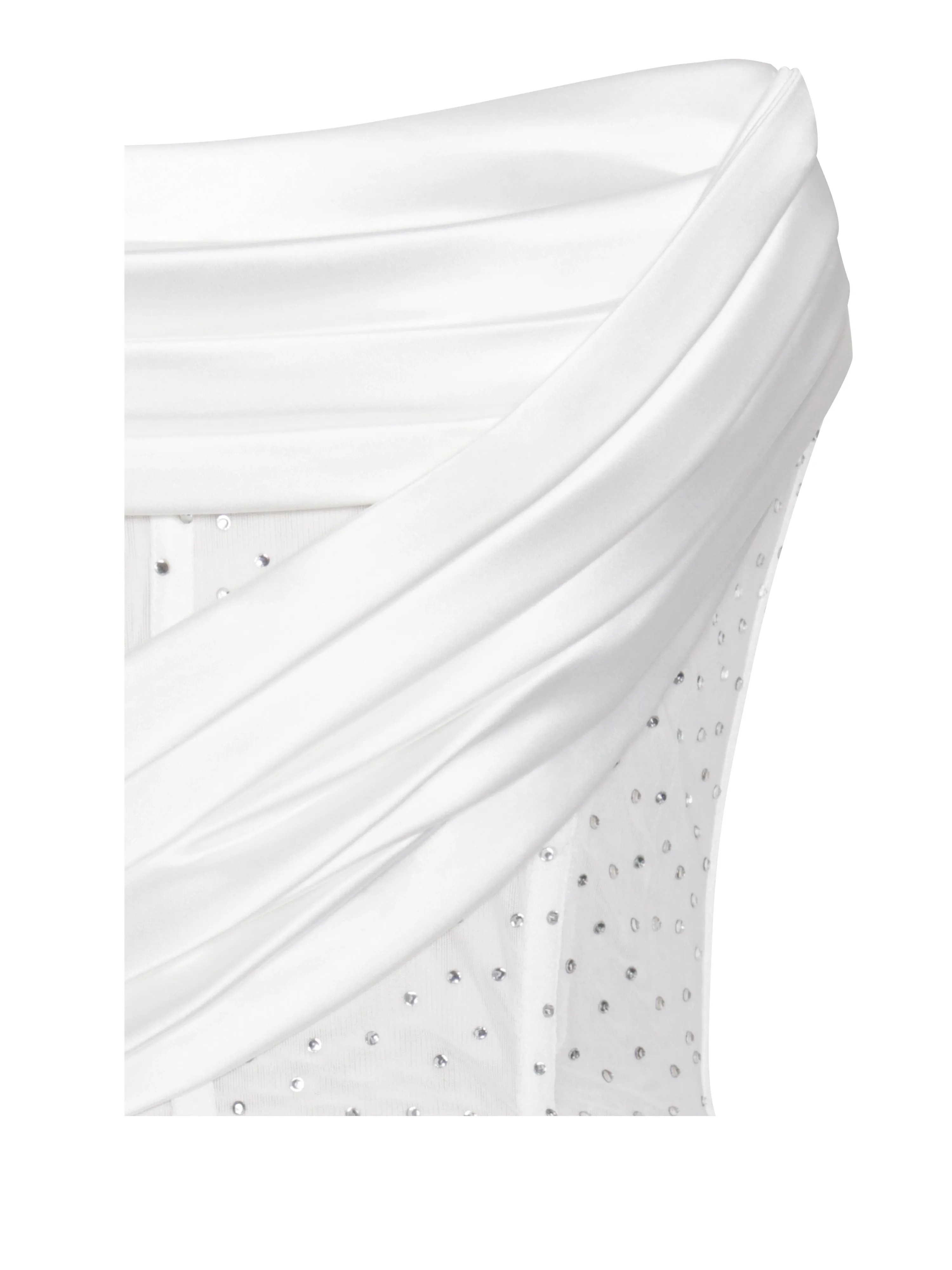 Holly White Crystallized Corset Graceful High Slit Satin Gown