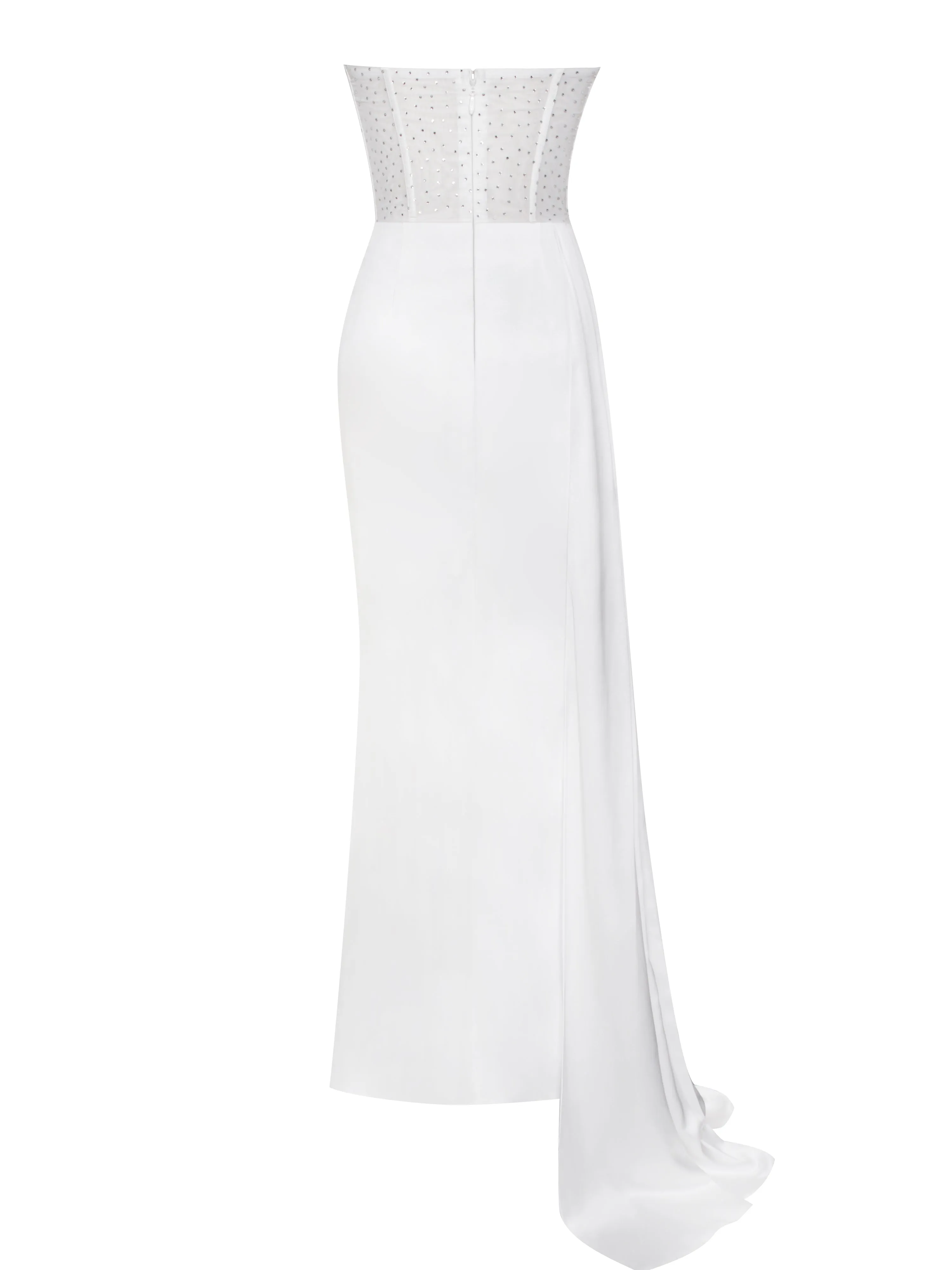 Holly White Crystallized Corset Graceful High Slit Satin Gown