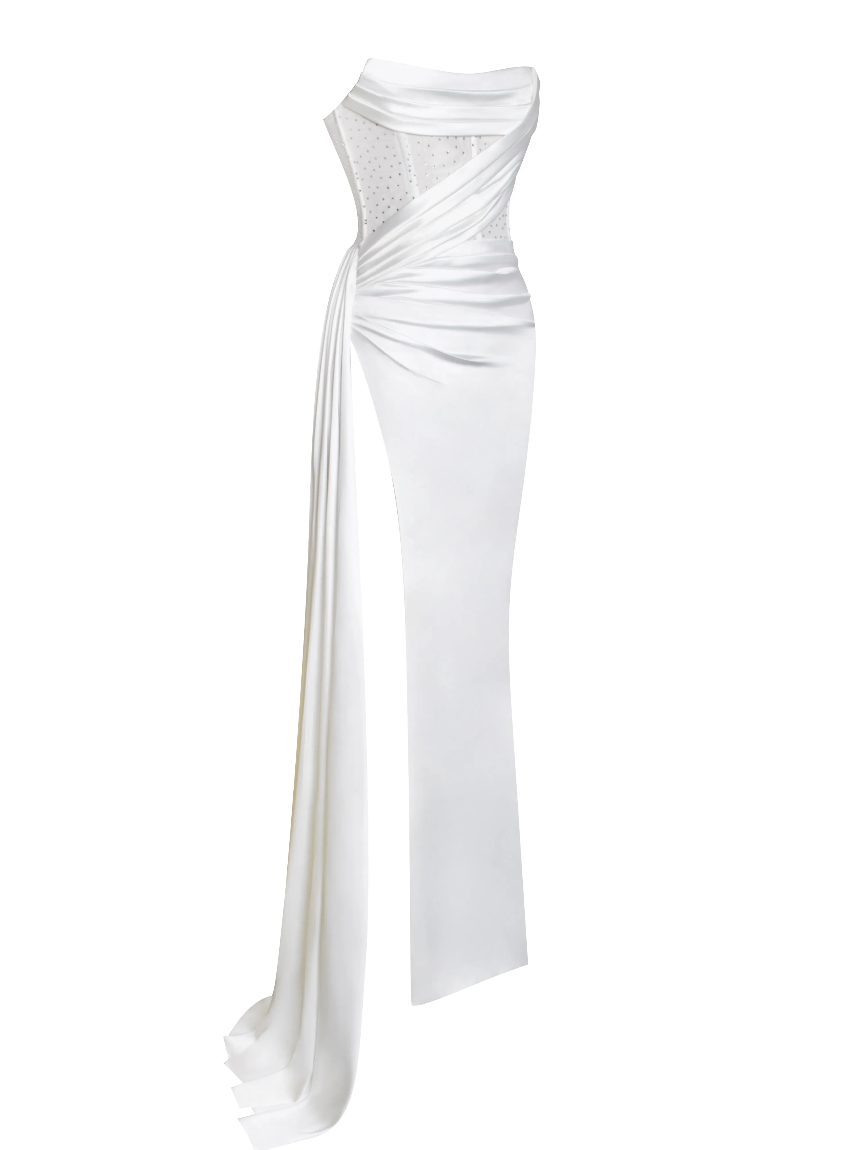 Holly White Crystallized Corset Graceful High Slit Satin Gown