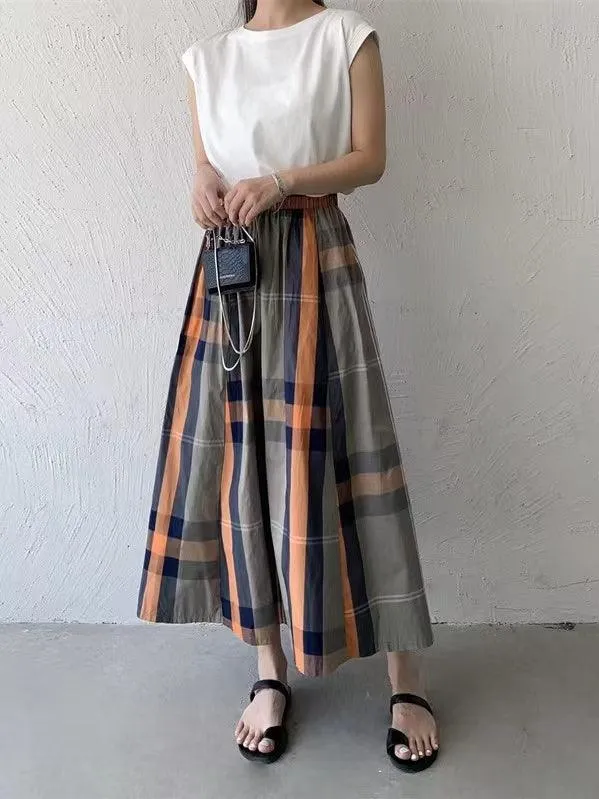 JOSKAA 2024 New Skirt Fashion Vintage Plaid Plaid A-line Skirt