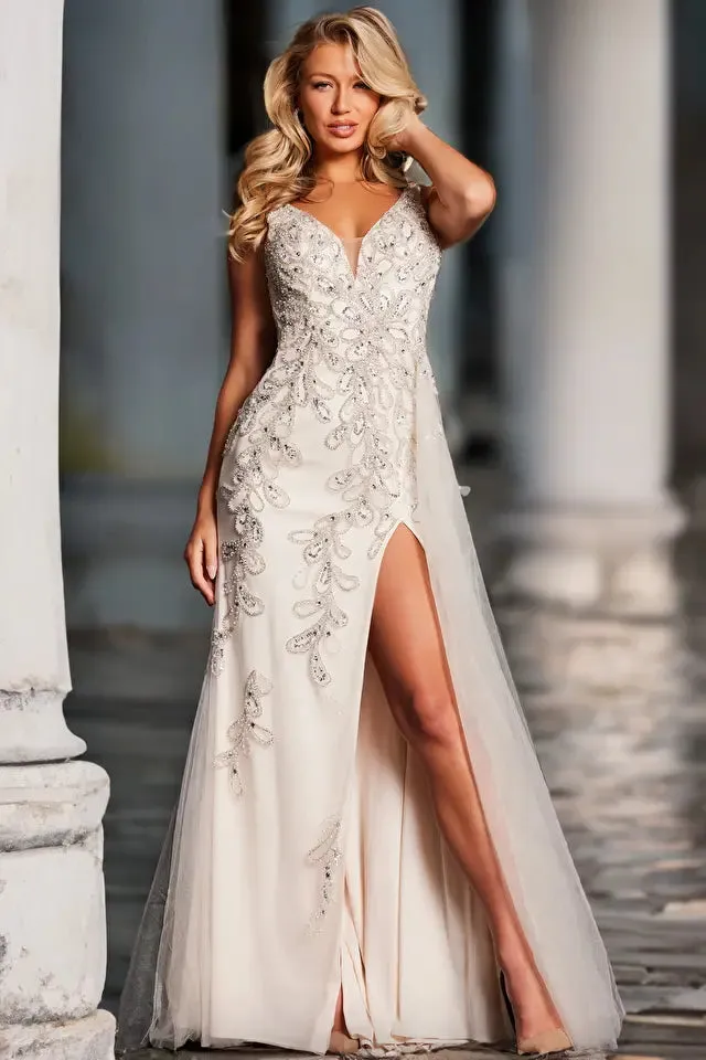 Jovani 39105 Long Prom Dress Beaded Embellished High Slit V Neckline Formal Pageant Gown