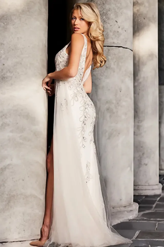 Jovani 39105 Long Prom Dress Beaded Embellished High Slit V Neckline Formal Pageant Gown
