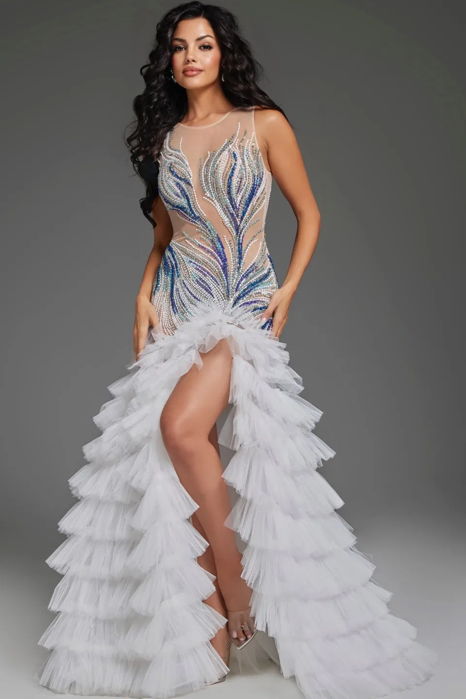Jovani 39846 Sheer Mermaid Ruffle Crystal Pageant Dress Maxi Slit Beaded Layer Formal Gown