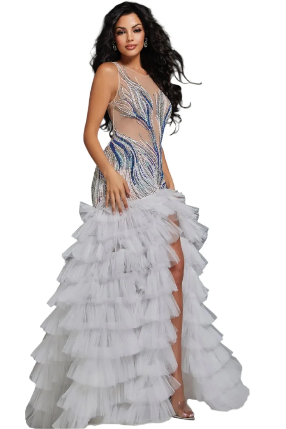 Jovani 39846 Sheer Mermaid Ruffle Crystal Pageant Dress Maxi Slit Beaded Layer Formal Gown