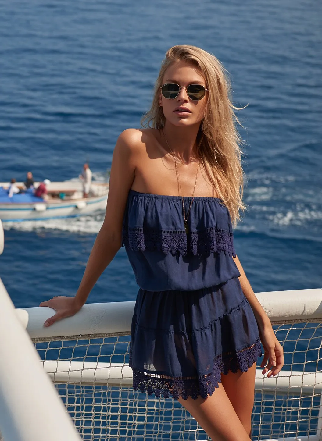 Joy Navy Bandeau Embroidered Frill Short Dress