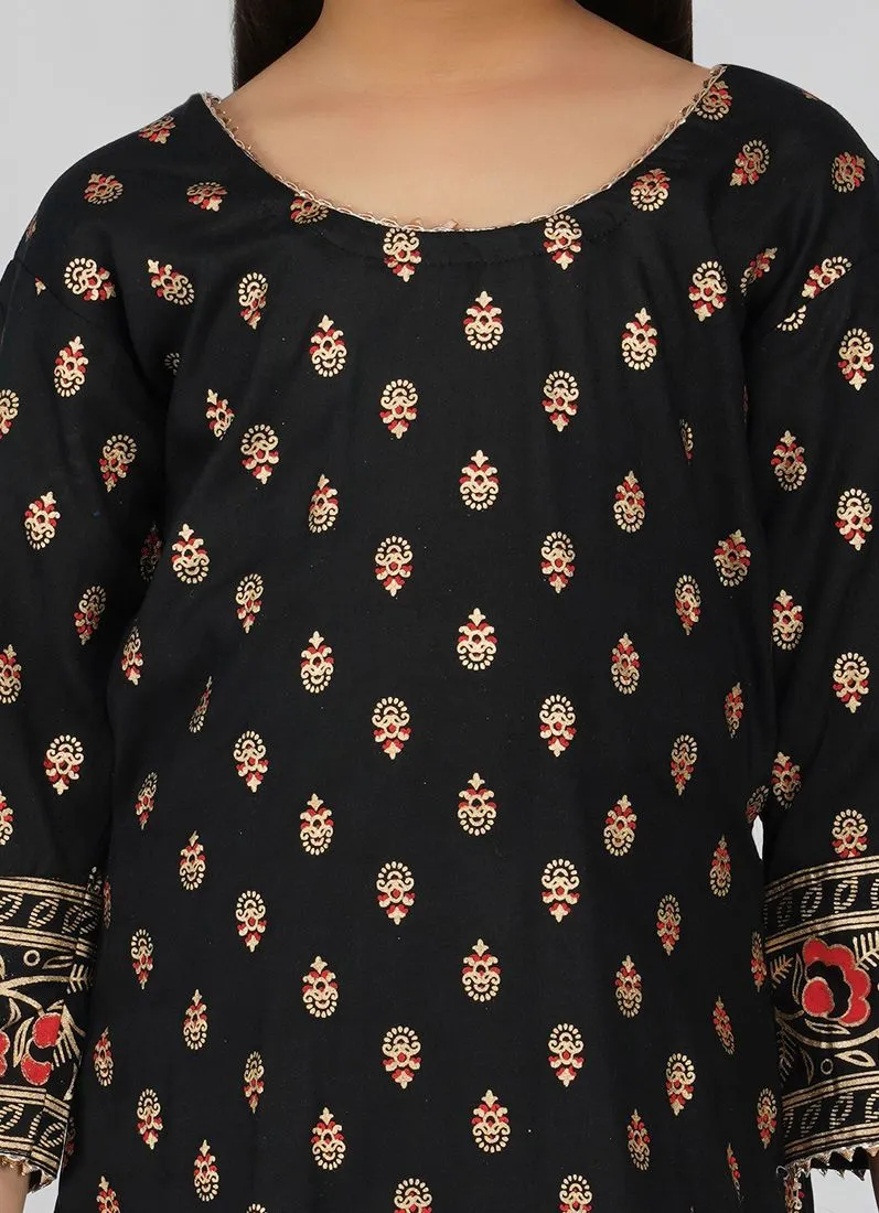 Kids Black Rayon Printed Red Dupatta Suit Set