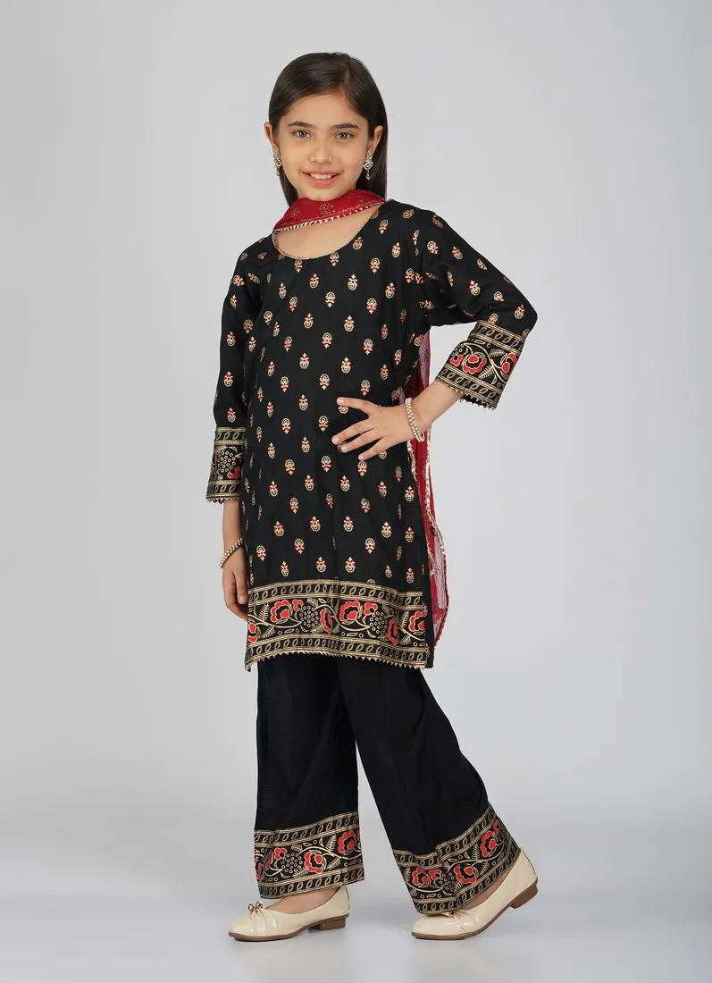 Kids Black Rayon Printed Red Dupatta Suit Set