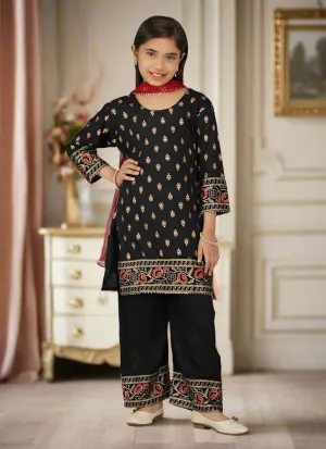 Kids Black Rayon Printed Red Dupatta Suit Set